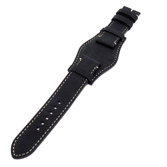 23mm Black Matte Calf Leather Bund Watch Strap For Tudor Black Bay Bronze