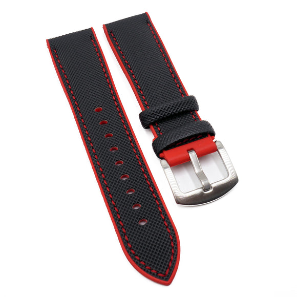 20mm, 21mm, 22mm, 23mm, 24mm Hybrid Black Fiber Red Rubber Watch Strap