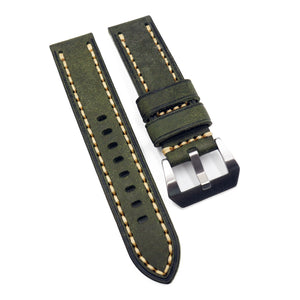 22mm, 24mm, 26mm Olive Green Pueblo Calf Leather Watch Strap, Crude Stitching-Revival Strap