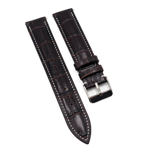 19mm Waxed Dark Brown Alligator-Embossed Calf Leather Watch Strap, White Stitching, Quick Release Spring Bars-Revival Strap
