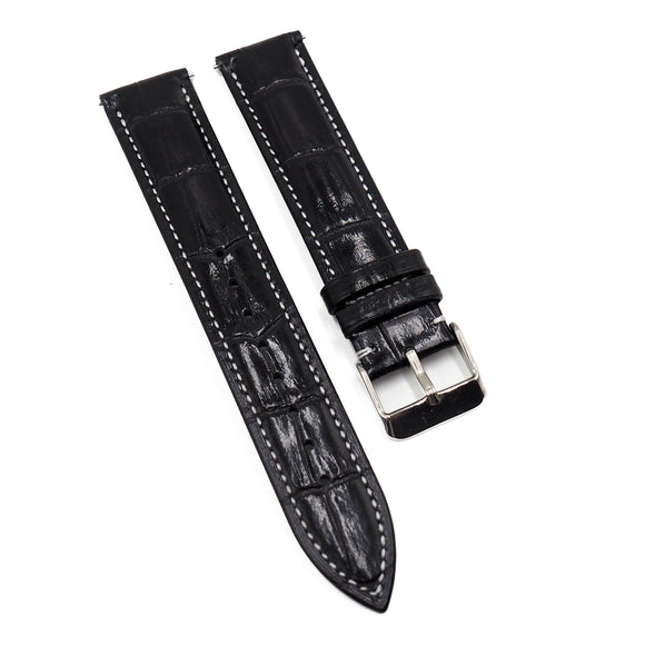 19mm Waxed Black Alligator-Embossed Calf Leather Watch Strap, White Stitching, Quick Release Spring Bars-Revival Strap
