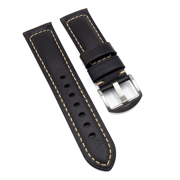 22mm, 24mm Black Waxy Leather Watch Strap For Panerai