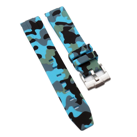 20mm Curved End Sky Blue Camo Rubber Watch Strap For Rolex, Omega and MoonSwatch