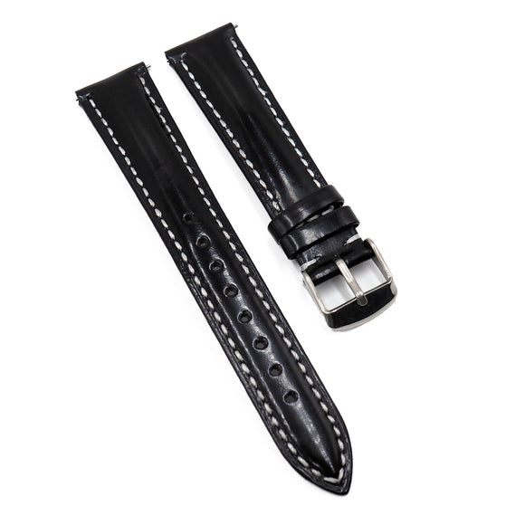 19mm Black Patent Leather Watch Strap w/ White Stitching, Quick Release Spring Bars