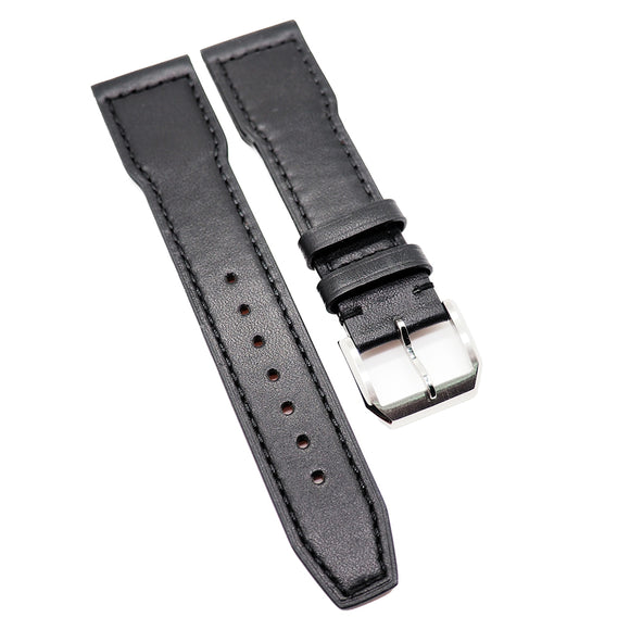 20mm, 21mm Pilot Style Black Calf Leather Watch Strap For IWC, Semi Square Tail