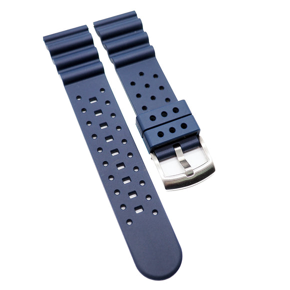 22mm Wave Pattern Straight End Navy Blue Rubber Watch Strap For Seiko, Quick Release Spring Bars