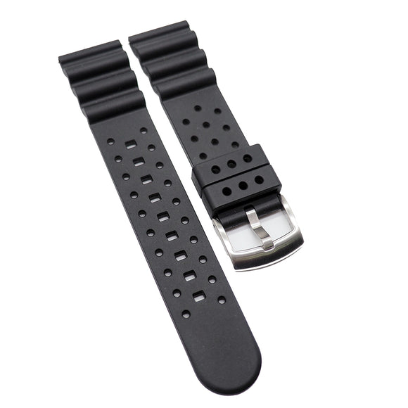 22mm Wave Pattern Straight End Black Rubber Watch Strap For Seiko, Quick Release Spring Bars