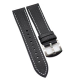 20mm, 22mm, 24mm Black Carbon Fiber Rubber Watch Strap, White Stitching