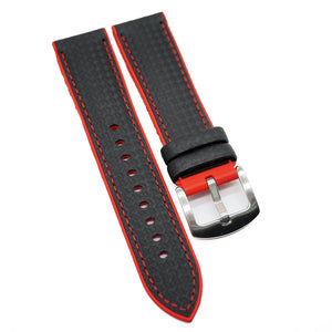 20mm, 22mm, 24mm Black Carbon Fiber Rubber Watch Strap, Red Stitching