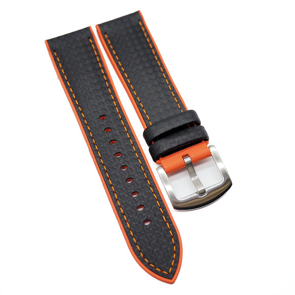 20mm, 22mm, 24mm Black Carbon Fiber Rubber Watch Strap, Orange Stitching