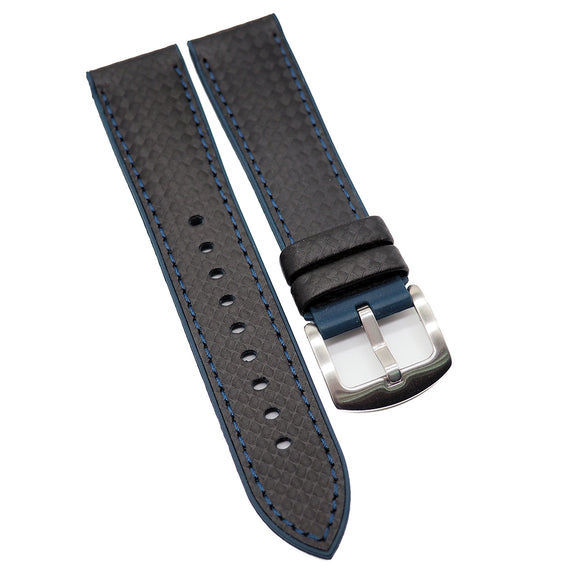 20mm, 22mm, 24mm Black Carbon Fiber Rubber Watch Strap, Blue Stitching