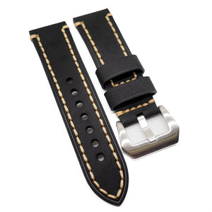 23mm Black Calf Leather Watch Strap, Wide Stitching