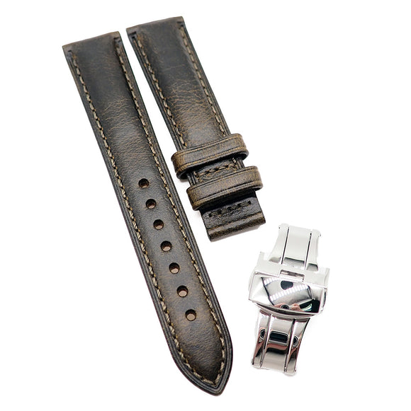 18mm, 20mm Waxed Calf Leather Watch Strap, Dark Green / Cinnamon Brown / Prussian Blue