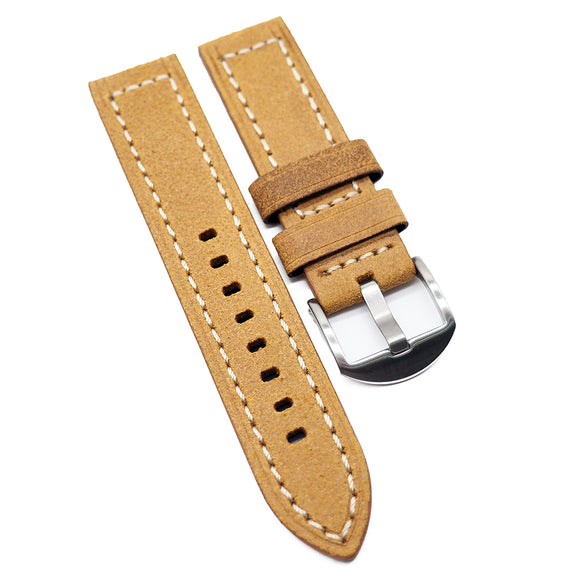 22mm Waxed Suede Leather White Stitching Watch Strap, 3 Colors