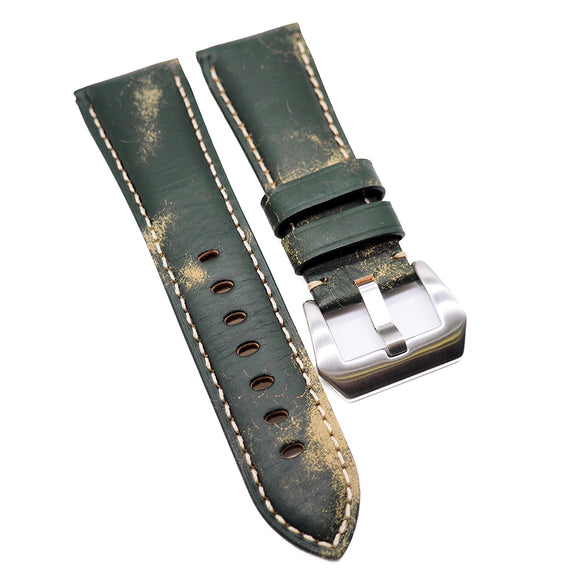 26mm Aging Pattern Calf Leather Watch Strap For Panerai, Sacramento Green / Yellow