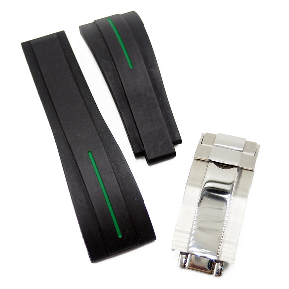 20mm Straight End Black Rubber Watch Strap For Rolex, Green Line-Revival Strap