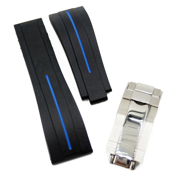 20mm Straight End Black Rubber Watch Strap For Rolex, Blue Line-Revival Strap