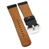 28mm Black Matte Calf Leather Watch Strap For SevenFriday, White Stitching