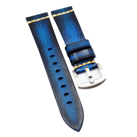 18mm, 22mm Blue Calf Leather Vintage Watch Strap, Quick Release Spring Bars