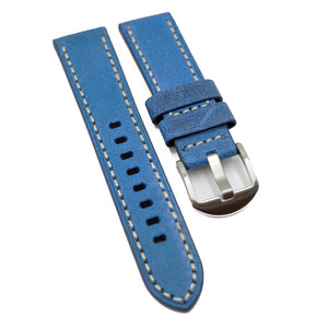 22mm Sapphire Blue Waxed Suede Leather White Stitching Watch Strap