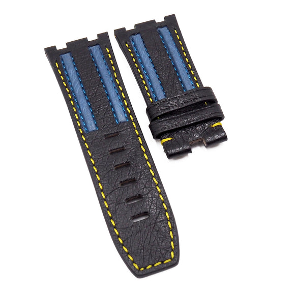 28mm Multi Color Ostrich Leather Watch Strap For Audemars Piguet Royal Oak Offshore, Black / Blue, Yellow Stitching