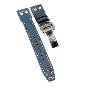 22mm Pilot Style Prussian Blue Calf Leather Watch Strap For IWC, Rivet Lug, Semi Square Tail