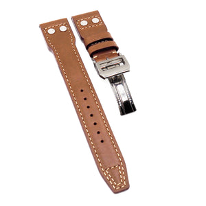 22mm Pilot Style Tawny Brown Calf Leather Watch Strap For IWC, Rivet Lug, Semi Square Tail