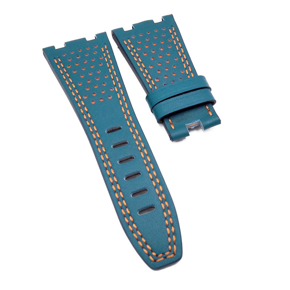 28mm Cerulean Blue Calf Leather Watch Strap, Double Orange Stitching, For Audemars Piguet Royal Oak Offshore