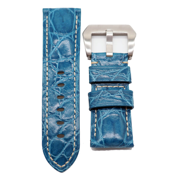 24mm Ocean Blue Waxed Alligator Leather Watch Strap For Panerai, Small Wrist Length