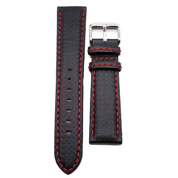 20mm, 21mm, 22mm, 23mm Carbon Fiber Watch Strap, Red Stitching