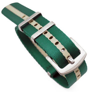 20mm, 22mm Nato Style Multi Color in Single Line Seat Belt Nylon Watch Strap, Green & Cream Yellow