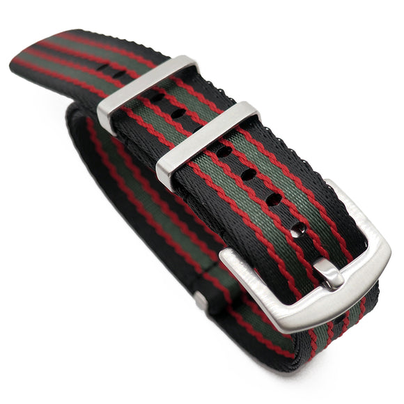 20mm, 22mm Nato Style Multi Color in Double Lines Seat Belt Nylon Watch Strap, Black, Red & Green