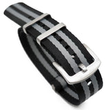 20mm, 22mm Nato Style Multi Color in Double Lines Seat Belt Nylon Watch Strap, Black & Gray