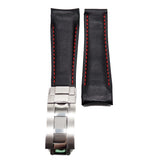 20mm Curved End Black Calf Leather Watch Strap For Rolex, Red Stitching
