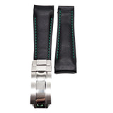 20mm Curved End Black Calf Leather Watch Strap For Rolex, Green Stitching