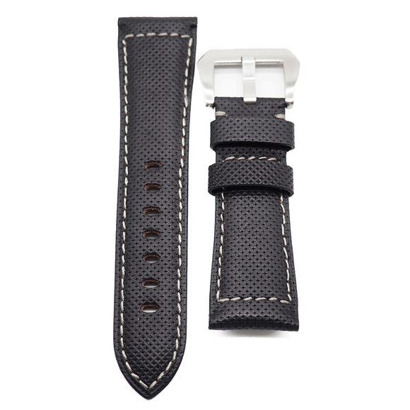 26mm Black Cross Embossed Calf Leather Watch Strap For Panerai, Azure Blue Stitching / White Stitching