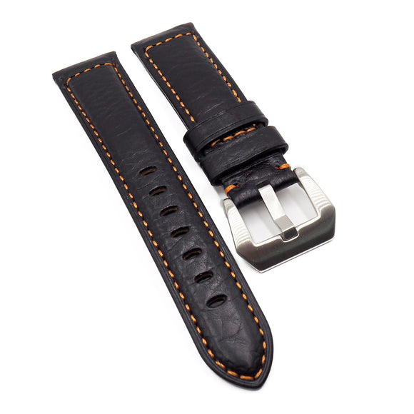 20mm, 22mm, 24mm Black Calf Leather Watch Strap For Panerai, Orange Stitching