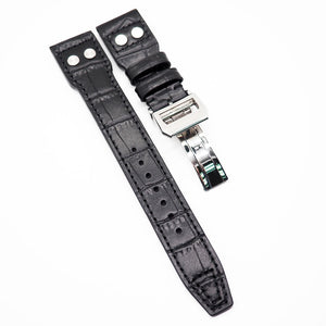 22mm Pilot Style Black Alligator Embossed Calf Leather Watch Strap For IWC, Semi Square Tail