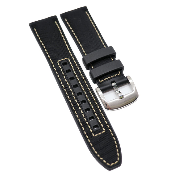 20mm, 22mm Straight End Black Hybrid Nylon FKM Rubber Watch Strap, White Stitching