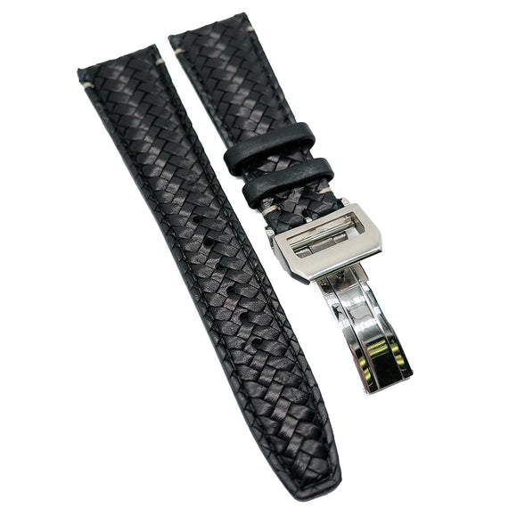 20mm, 22mm Black Weave Pattern Calf Leather Watch Strap For IWC