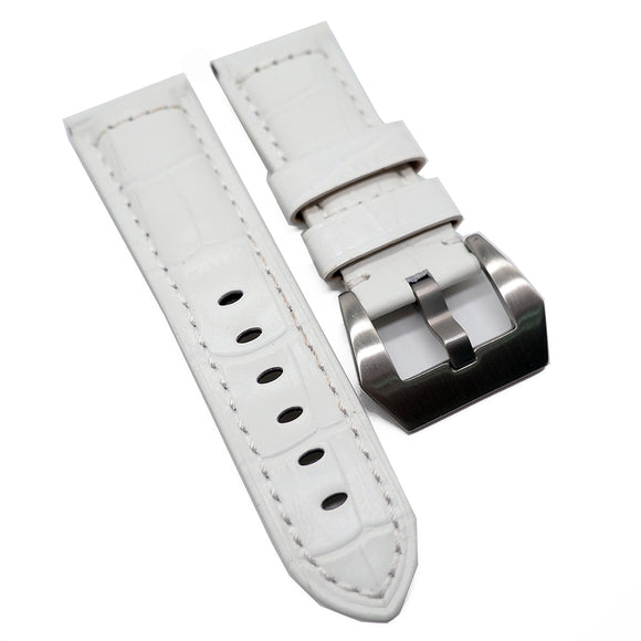 24mm White Alligator Embossed Calf Leather Watch Strap For Panerai, Small Wrist Length