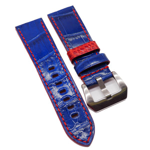 24mm Fashion Style Blue Alligator Leather Watch Strap, Red Stitching