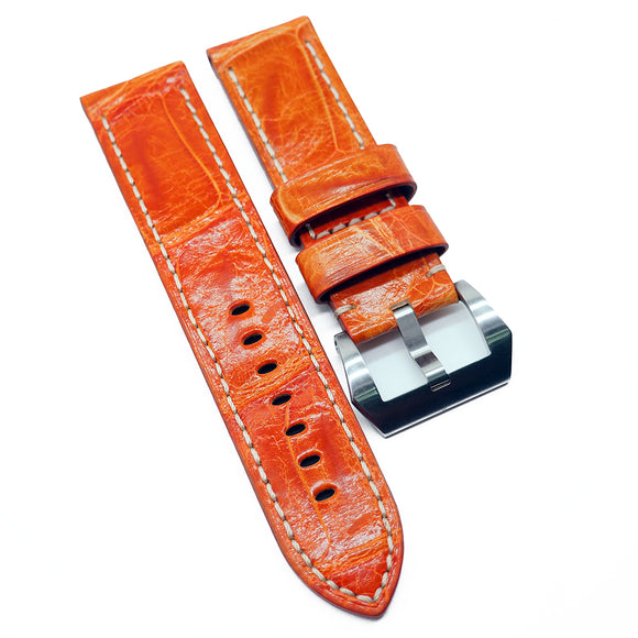 24mm Classic Style Alligator Leather White Stitching Watch Strap, 4 Colors