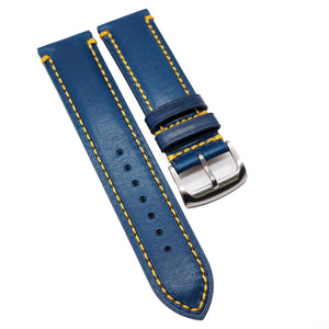 23mm Yale Blue Calf Leather Watch Strap, Yellow Stitching