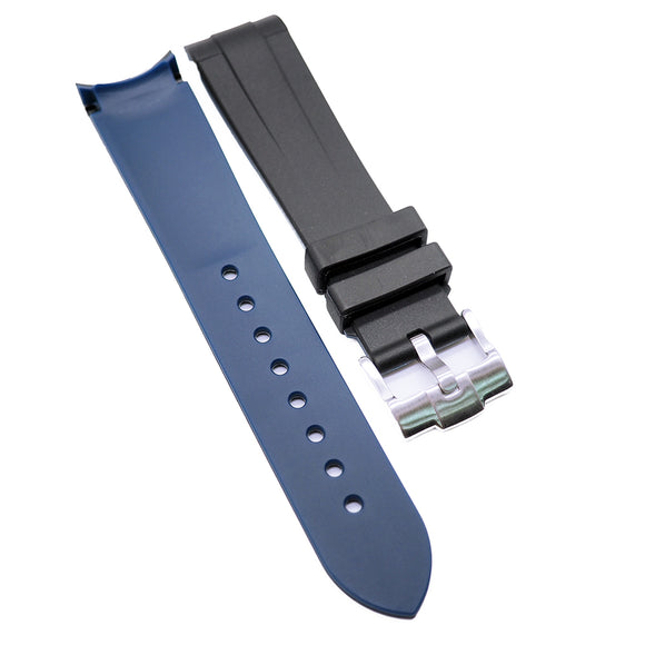 20mm, 22mm Dual Color Black & Blue Curved End Rubber Watch Strap For Rolex, Omega and MoonSwatch