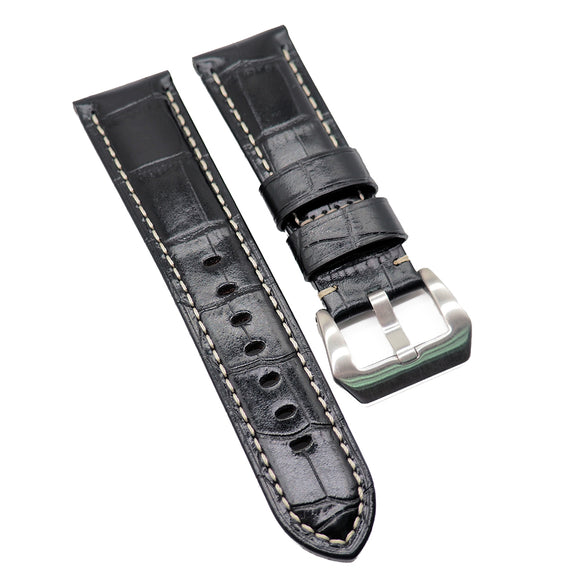 24mm Black Alligator Embossed Calf Leather Watch Strap For Panerai, Two Length Size-Revival Strap