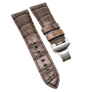 26mm Alligator Embossed Calf Leather Watch Strap For Panerai, Depolyant Clasp Style, Espresso Brown / Black