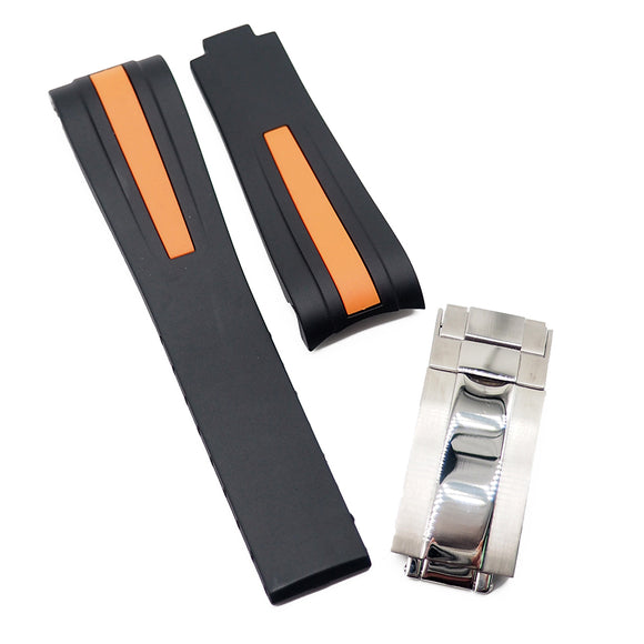 20mm, 22mm Curved End Black Rubber Watch Strap For Rolex, Blue / Orange Line