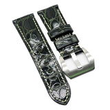 22mm Waxed Alligator Leather White Stitching Watch Strap For Panerai, Fern Green / Russet Brown / Black