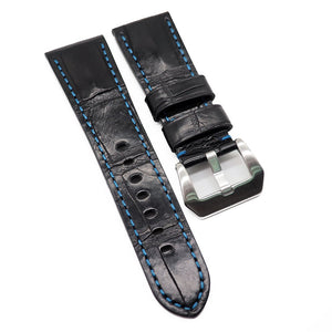 26mm Waxed Black Alligator Leather Watch Strap For Panerai, Blue Stitching
